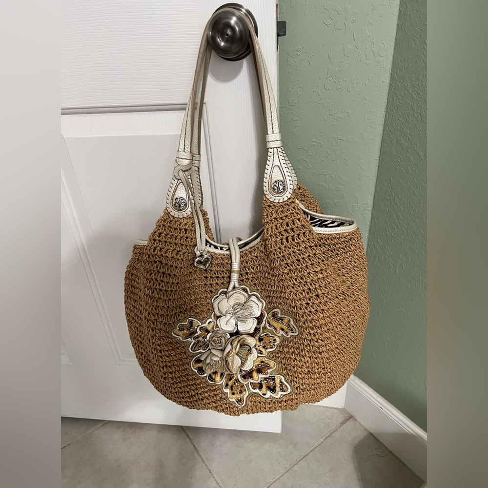 BRIGHTON Woven Straw Floral Applique Shoulder Bag in Tan and Cream